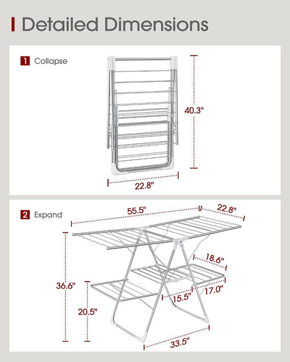 Sakugi Clothes Drying Rack, Foldable 2-Level Laundry Drying Rack with Height-Adjustable Wings, for Clothing & Bedding, Free-Standing Space-Saving Rack, Indoor & Outdoor, 55.5" L × 22.8" W, Gray