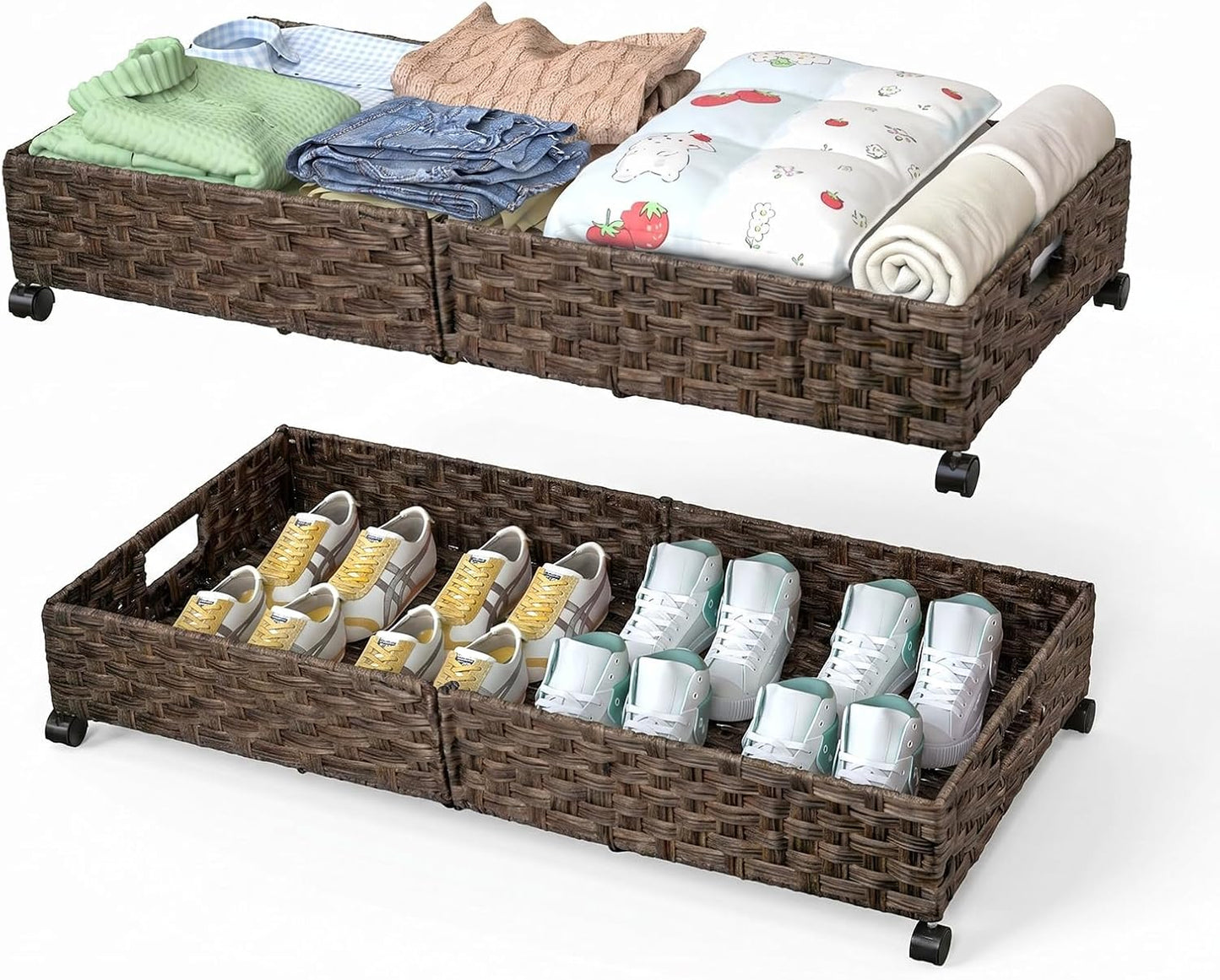 Under Bed Storage Containers with Wheels, 31.5” Large Handwoven Rattan Rolling UnderBed Storage Bins, Tool-free Assembly Natural Under The Bed Organizer Drawers for Bedroom, Sheets Clothes Blankets