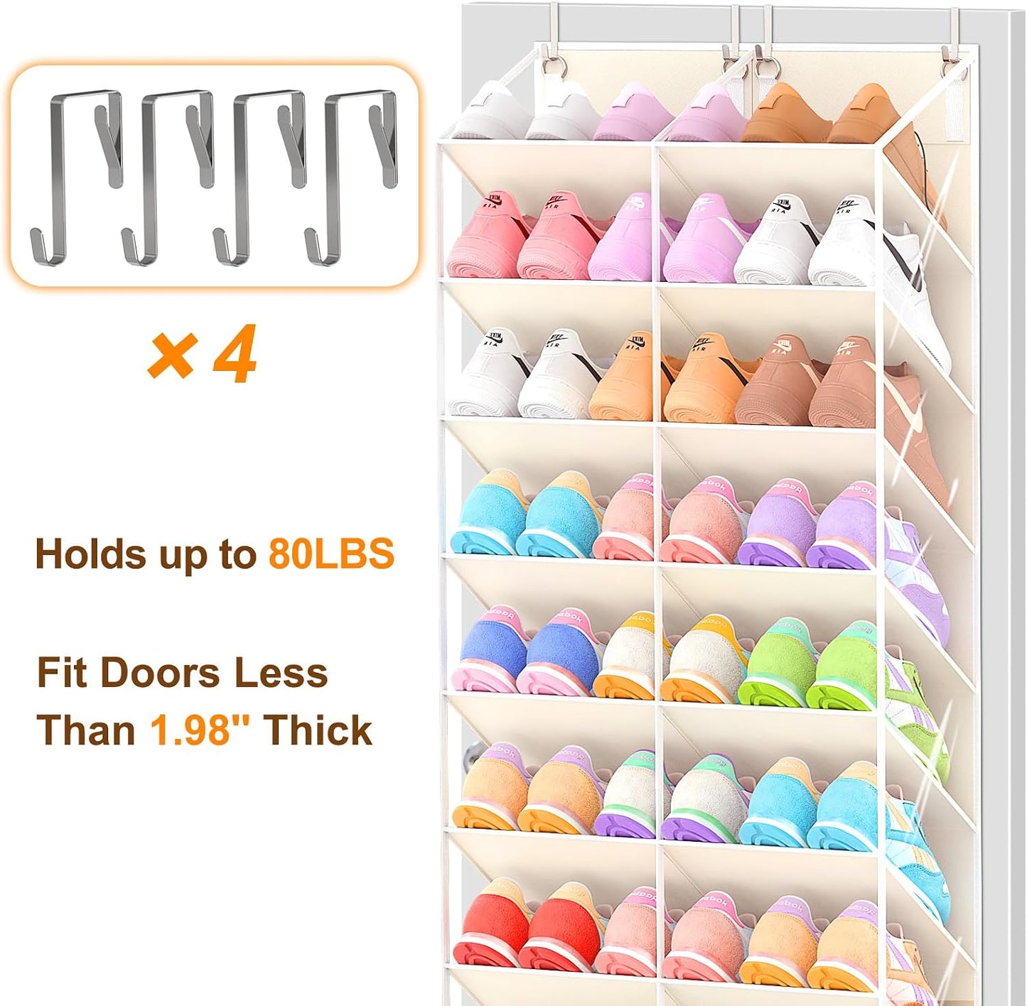 UVIAHOMI 20-30 Pairs Over the Door Shoe Organizer, Clear Pockets Hanging Shoe Storage for Closet, 10-Tier Door Shoes Rack, Handing Shoes Holder Fit All the Family's Sneakers, Boots, Heels, White