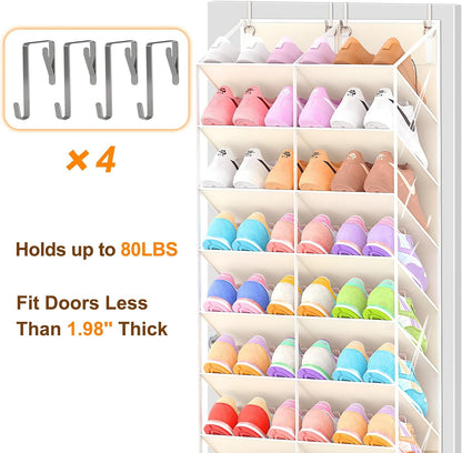 UVIAHOMI 20-30 Pairs Over the Door Shoe Organizer, Clear Pockets Hanging Shoe Storage for Closet, 10-Tier Door Shoes Rack, Handing Shoes Holder Fit All the Family's Sneakers, Boots, Heels, White