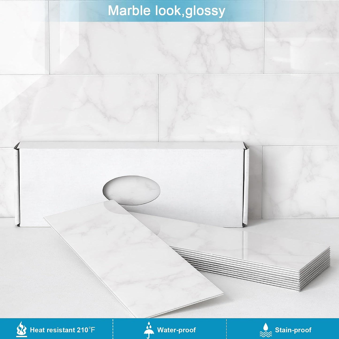 BeNice Peel and Stick Backsplash for Kitchen Tile,Peel and Stick Tiles for Walls Tile Stickers Waterproof Marble Tile Backsplash 3.85"x11.73"(16Tiles) White Gray