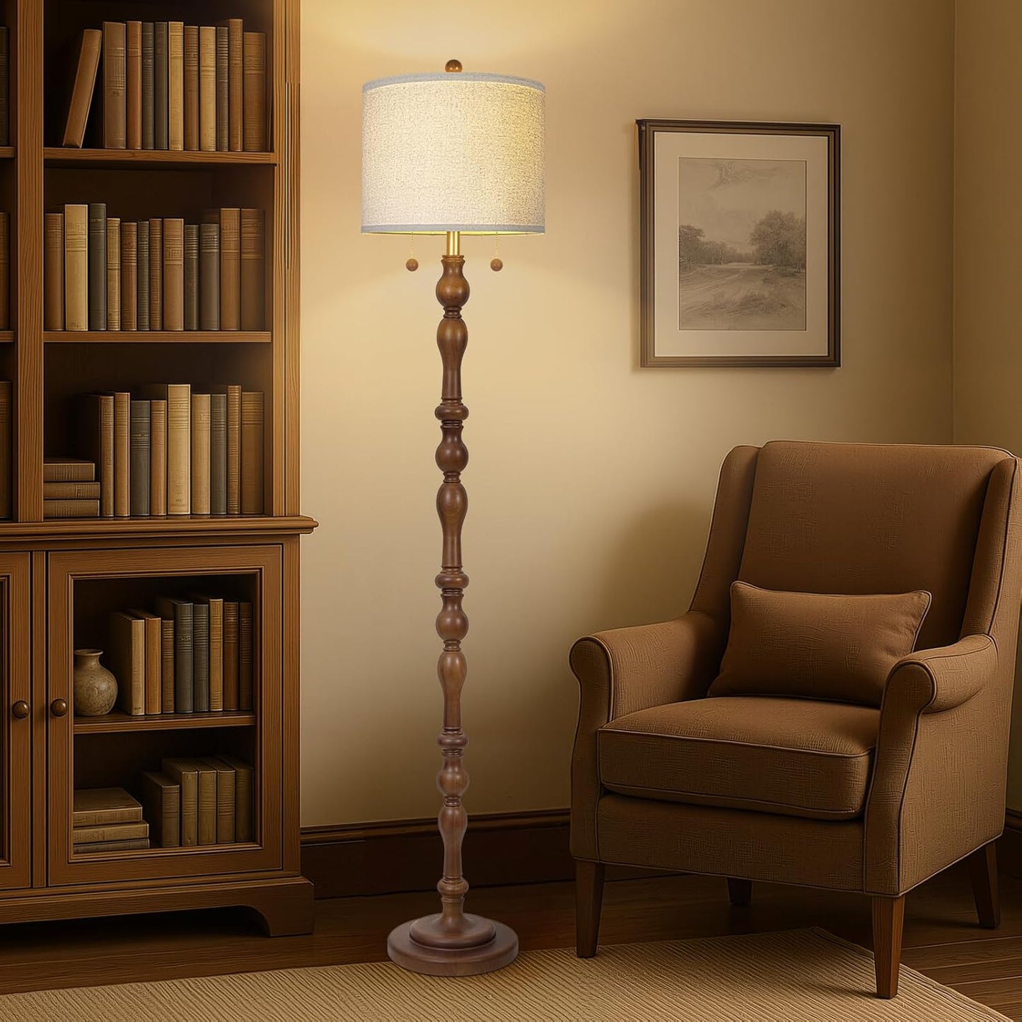 Scenekoy 65.5” Natural Real Wood Floor Lamp for Living Room Bedroom, Dual S Cluster Socket, Pull Chains Switch, Farmhouse Tall Standing Lamp with Linen Shade for Home Room Decor (Bulbs Included)