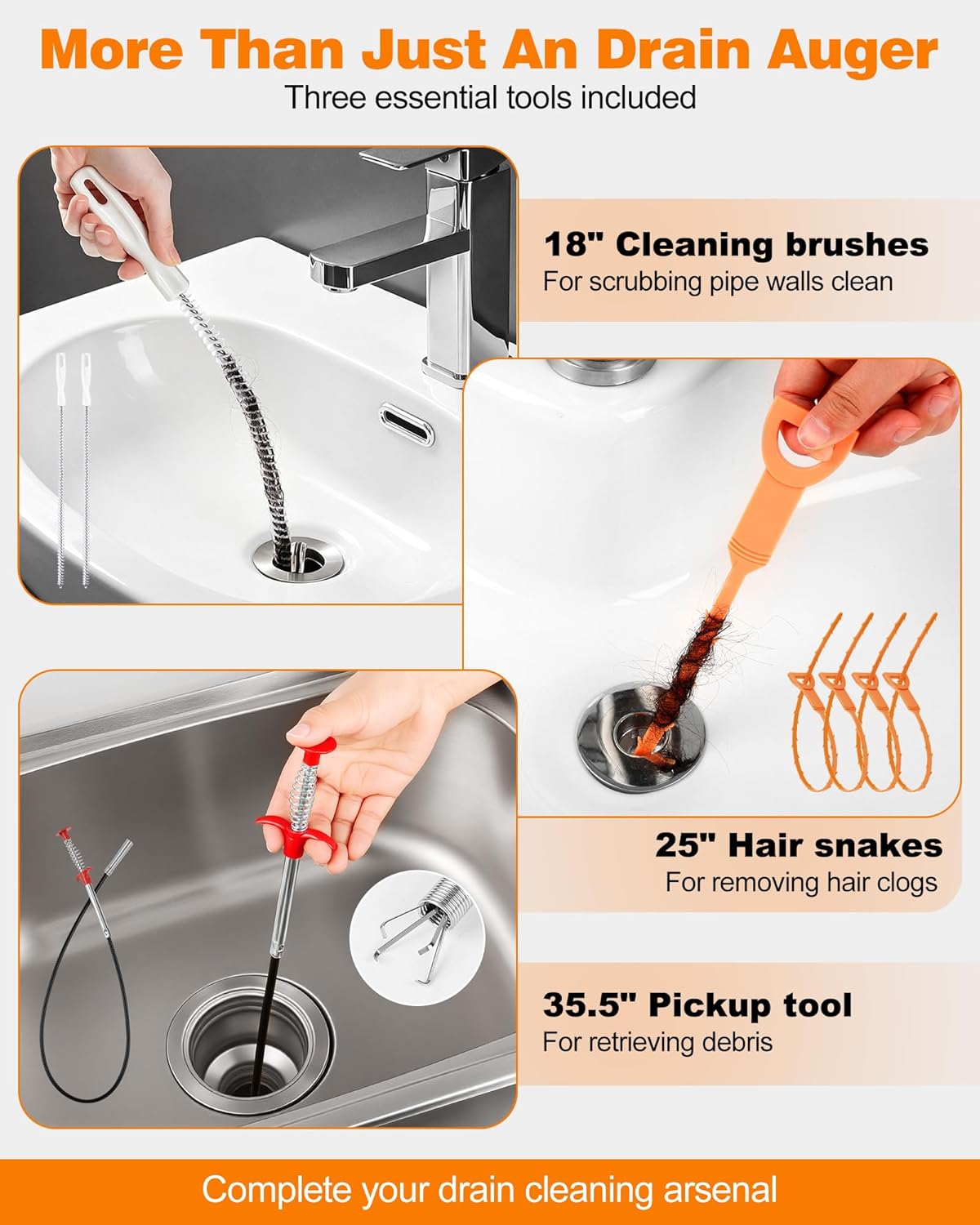 Drain Auger 33 ft, Auto Feed Drain Snake with Drill Adapter, Heavy Duty Plumbing Snake Hair Clog Remover Tool Kit with Gloves & Brushes for Kitchen Sink Shower Bathtub Bathroom Toilet Clog Removal