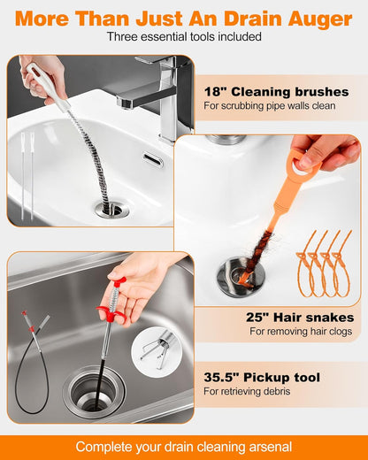 Drain Auger 33 ft, Auto Feed Drain Snake with Drill Adapter, Heavy Duty Plumbing Snake Hair Clog Remover Tool Kit with Gloves & Brushes for Kitchen Sink Shower Bathtub Bathroom Toilet Clog Removal