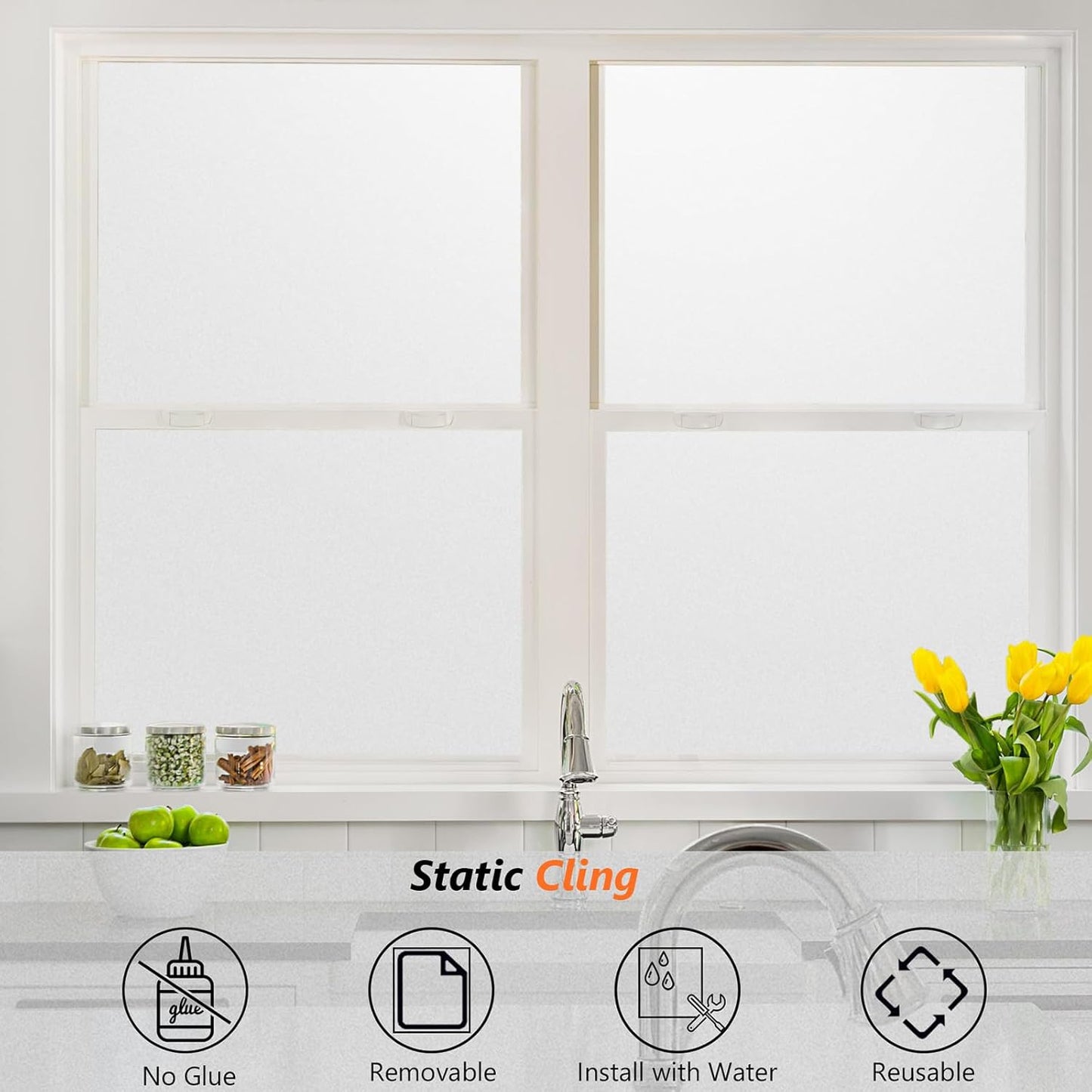 Kromapolis Blackout Window Privacy Film Total Light Blocking Room Darkening Window Covering, Removable Static Cling Frosted Glass Tint, Non-Adhesive, Black 17.5'' x 78.7''
