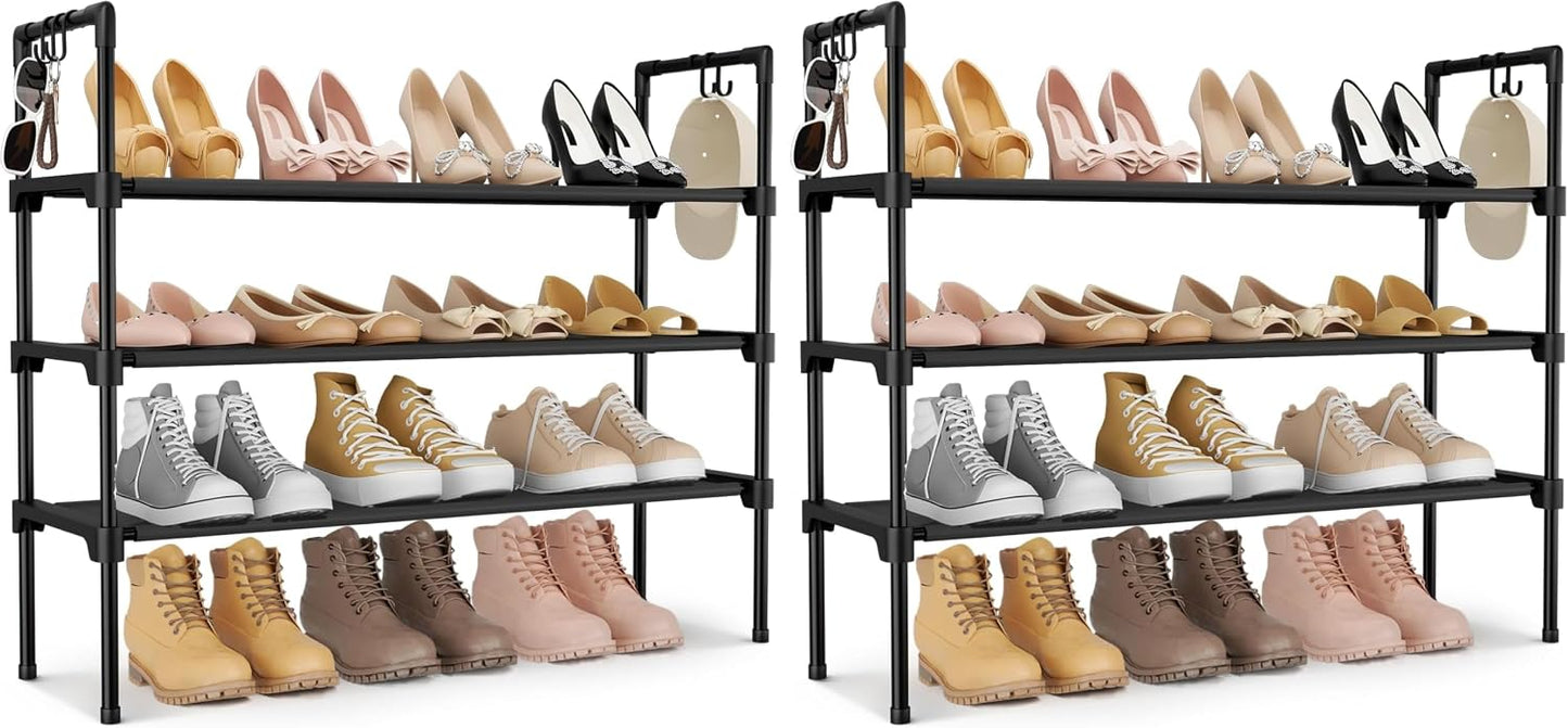 LANTEFUL 3 Tier Shoe Rack for Closet, Shoe Organizer with 5 Hooks, Long Shoe Shelf Storage for Sneaker and Boot Stackable Free Standing Shoe Rack for Entryway, Garage, Small Spaces, Dorm