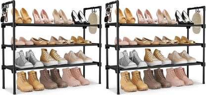 LANTEFUL 3 Tier Shoe Rack for Closet, Shoe Organizer with 5 Hooks, Long Shoe Shelf Storage for Sneaker and Boot Stackable Free Standing Shoe Rack for Entryway, Garage, Small Spaces, Dorm