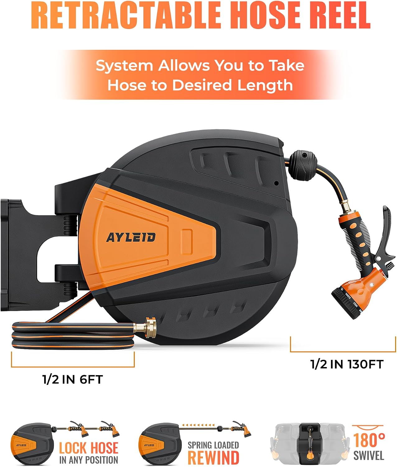 Ayleid Retractable Rubber Hybrid Garden Hose Reel, 1/2"x100ft Wall Mount | Anti-freeze, kink-free premium rubber hybrid hose, 24-month warranty, 9-pattern sprayer, any-length lock, slow auto-return.