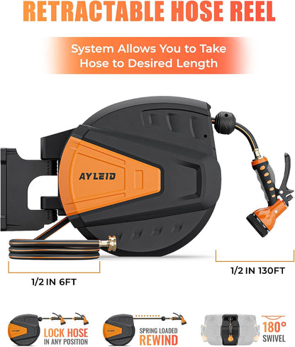 Ayleid Retractable Rubber Hybrid Garden Hose Reel, 1/2"x100ft Wall Mount | Anti-freeze, kink-free premium rubber hybrid hose, 24-month warranty, 9-pattern sprayer, any-length lock, slow auto-return.