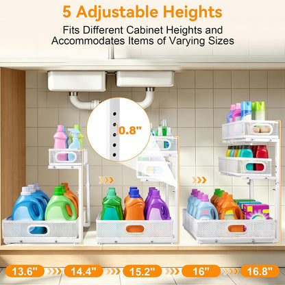 Under Sink Organizer for Bathroom, 3 Tier Adjustable Height Under Sink Storage, Sliding Pull Out Cabinet Organizer Shelf, Metal Multi-Purpose Cabinet Organizer for Kitchen (2 Pack, White)