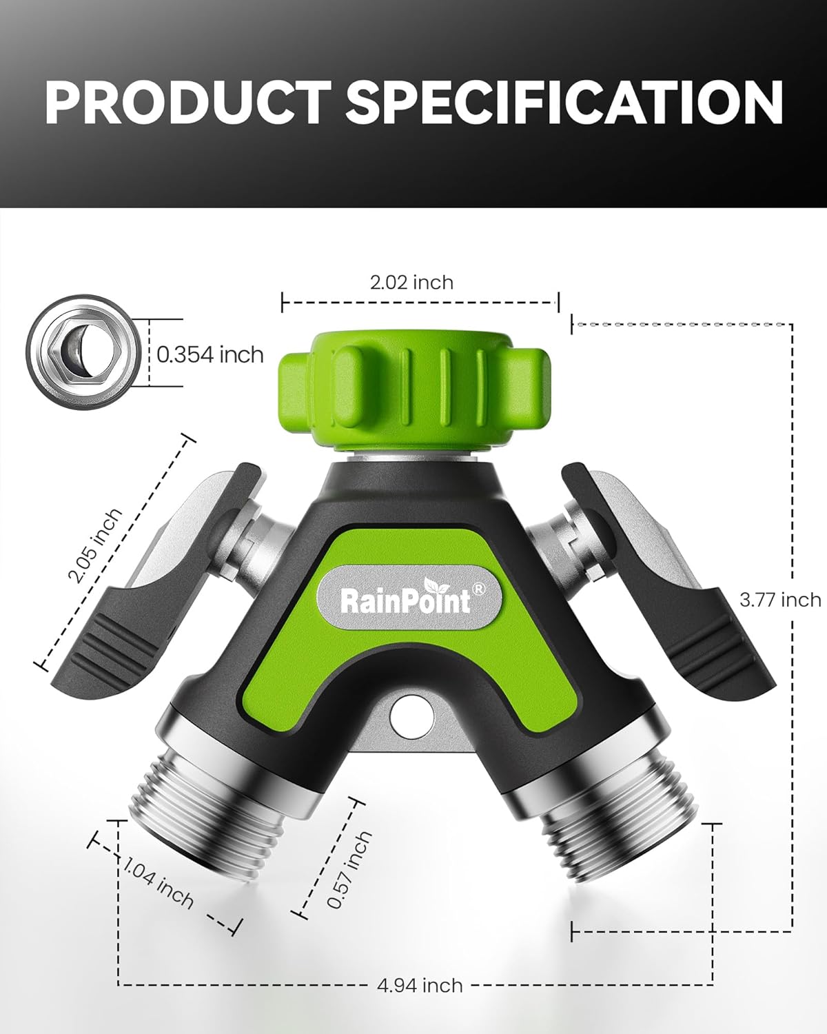 RAINPOINT Garden Hose Splitter 2 Way, All Metal Heavy Duty Water Hose Y Splitter With 2.05" Extra Long Side Handle & Shut Off Valves, 3/4 Inch GHT Thread Connector For Outdoor Spigot Faucet (Green)