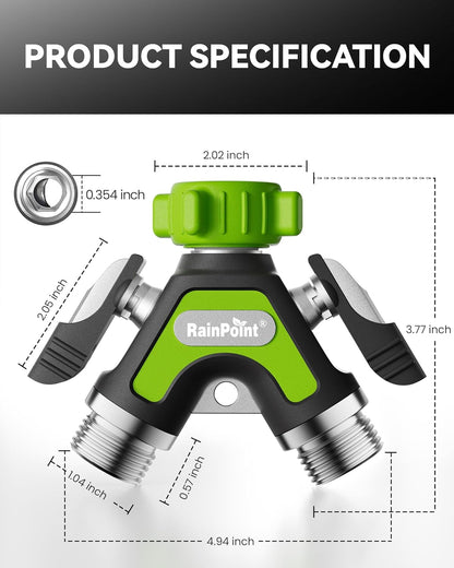 RAINPOINT Garden Hose Splitter 2 Way, All Metal Heavy Duty Water Hose Y Splitter With 2.05" Extra Long Side Handle & Shut Off Valves, 3/4 Inch GHT Thread Connector For Outdoor Spigot Faucet (Green)