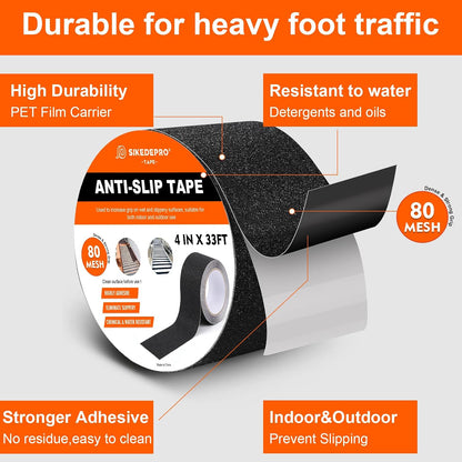 SIKEDEPRO 4" x 33Ft Heavy Duty Anti-Slip Tape,Skateboard Grip Tape, Non-Skid Safety Traction Tape for Staircases Outdoor/Indoor, Waterproof High Traction Stairs Non Skid Treads