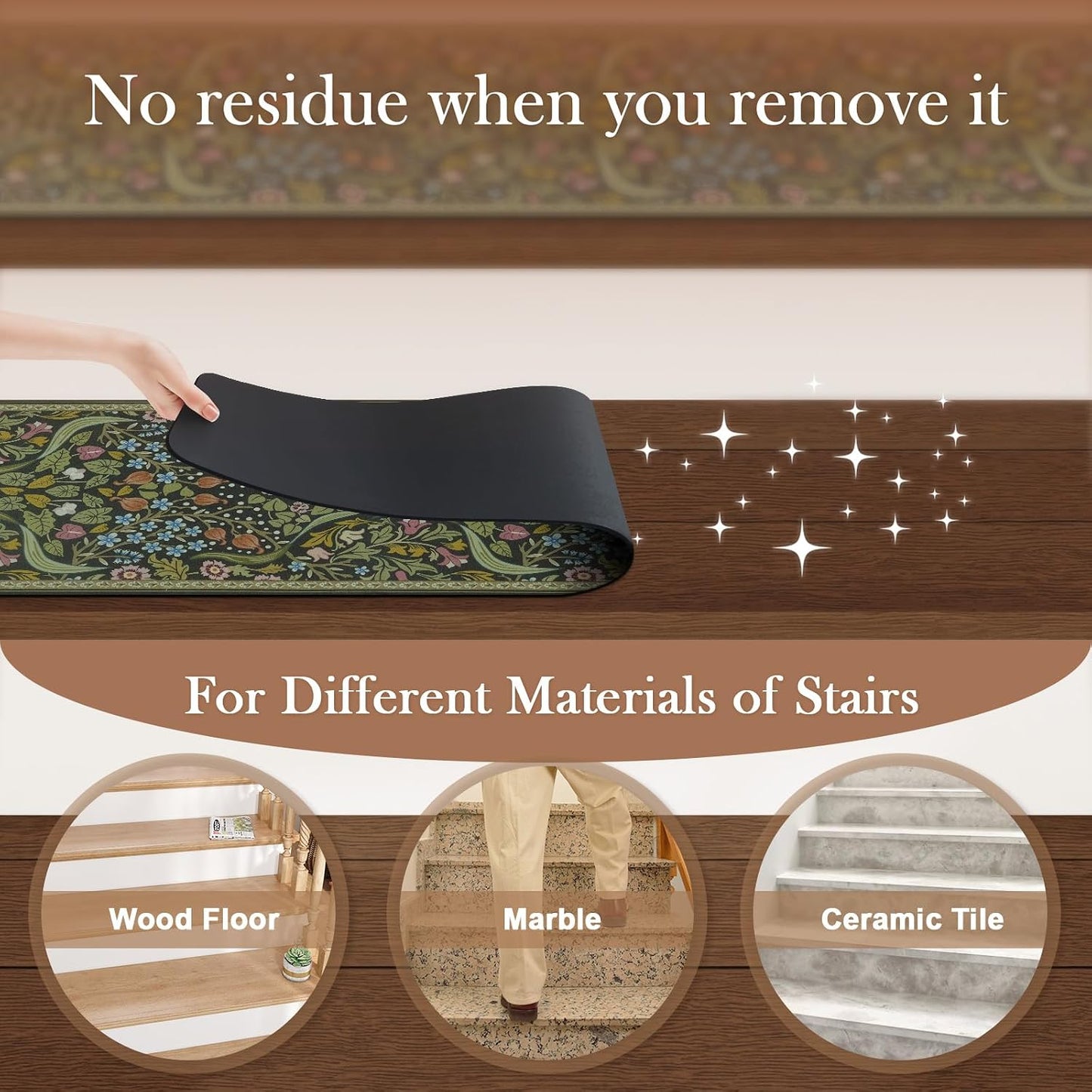 OJIA Floral Stair Treads Non-Slip Stair Runner for Wooden Steps Indoor 15PCS 30"x8" Carpet Stair Treads Stair Mats Staircase Step Treads for Kids, Elders and Dogs, Stair Covers, Black