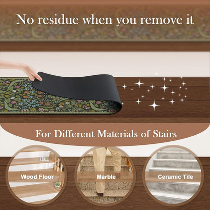 OJIA Floral Stair Treads Non-Slip Stair Runner for Wooden Steps Indoor 15PCS 30"x8" Carpet Stair Treads Stair Mats Staircase Step Treads for Kids, Elders and Dogs, Stair Covers, Black