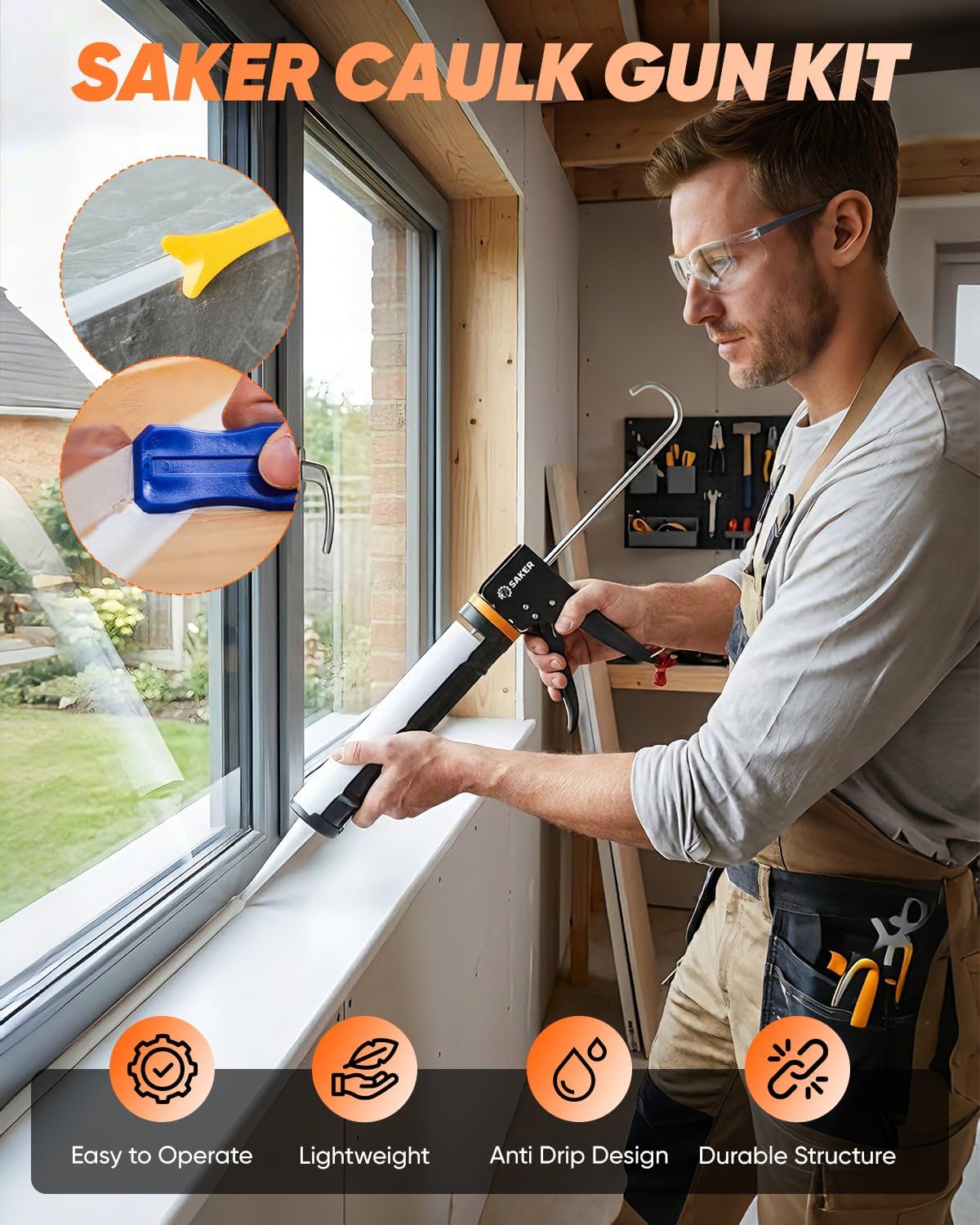 Saker Caulk Gun Kit, Manual Caulking Gun with 11-in-1 Caulking Tool Set, Silicone Sealant Finishing Tools, Grout Scrapers & Shapers with Masking Tape for Bathroom, Kitchen, Window & Home Repair