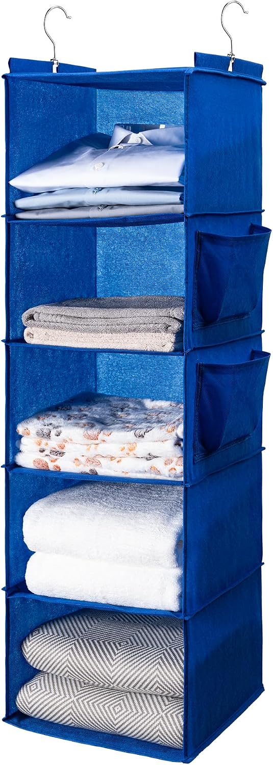 BOOMIBOO Hanging Closet Organize and Shelves，5-Hanging Shelf with 2 Side Pockets，Storage Foldable （Grey）
