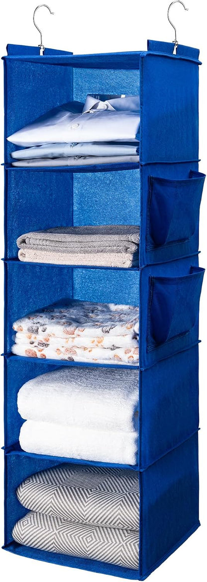 BOOMIBOO Hanging Closet Organize and Shelves，5-Hanging Shelf with 2 Side Pockets，Storage Foldable （Grey）