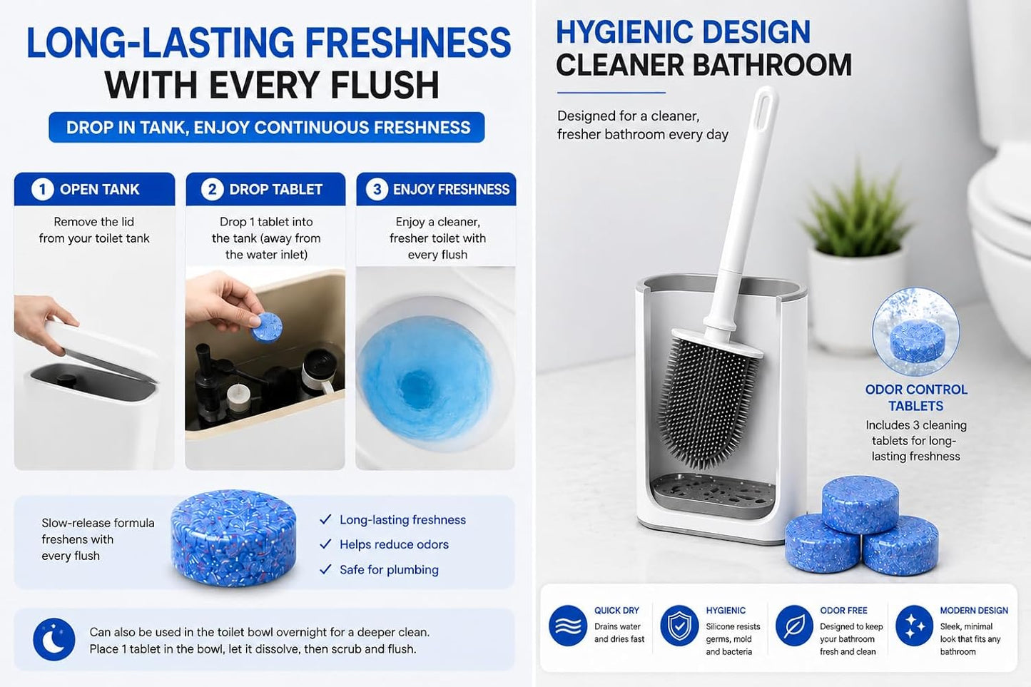 Silicone Toilet Brush and Holder Set with 3 Cleaning Tablets, Quick-Dry Base, Flexible Non-Scratch Bristles, Odor-Free Bathroom Toilet Bowl Cleaner Brush, Compact Space-Saving Design