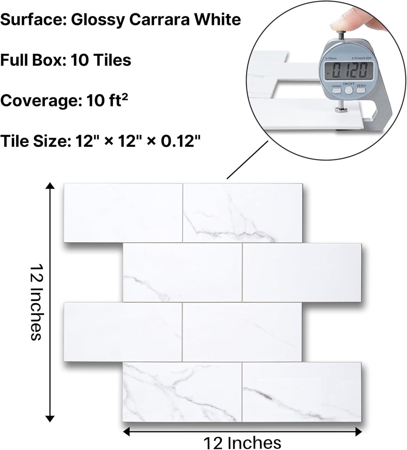 Colamo Luxury 10-Sheet Peel and Stick Backsplash,Self Adhesive Faux Stone 12”x12” White Subway Tile for Kitchen,Glossy Waterproof Carrara Brick Marble Look,Stick on Accent Wall for Bathroom,Bedroom