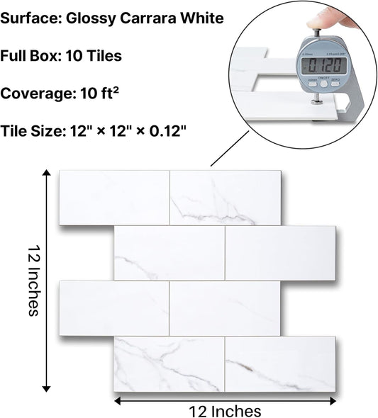 Colamo Luxury 10-Sheet Peel and Stick Backsplash,Self Adhesive Faux Stone 12”x12” White Subway Tile for Kitchen,Glossy Waterproof Carrara Brick Marble Look,Stick on Accent Wall for Bathroom,Bedroom