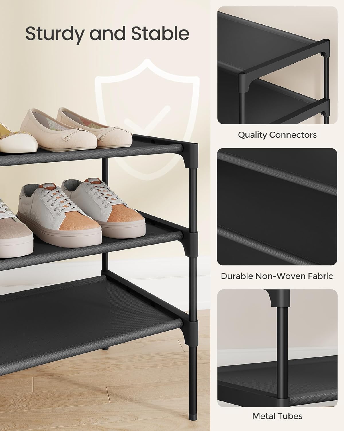 SONGMICS Shoe Rack, 2-Tier Shoe Storage Organizer, Space-Saving, 11.7 x 16.5 x 12.2 Inches, Entryway, Metal Frame, Non-Woven Fabric Shelves, Ink Black ULSH012BH01
