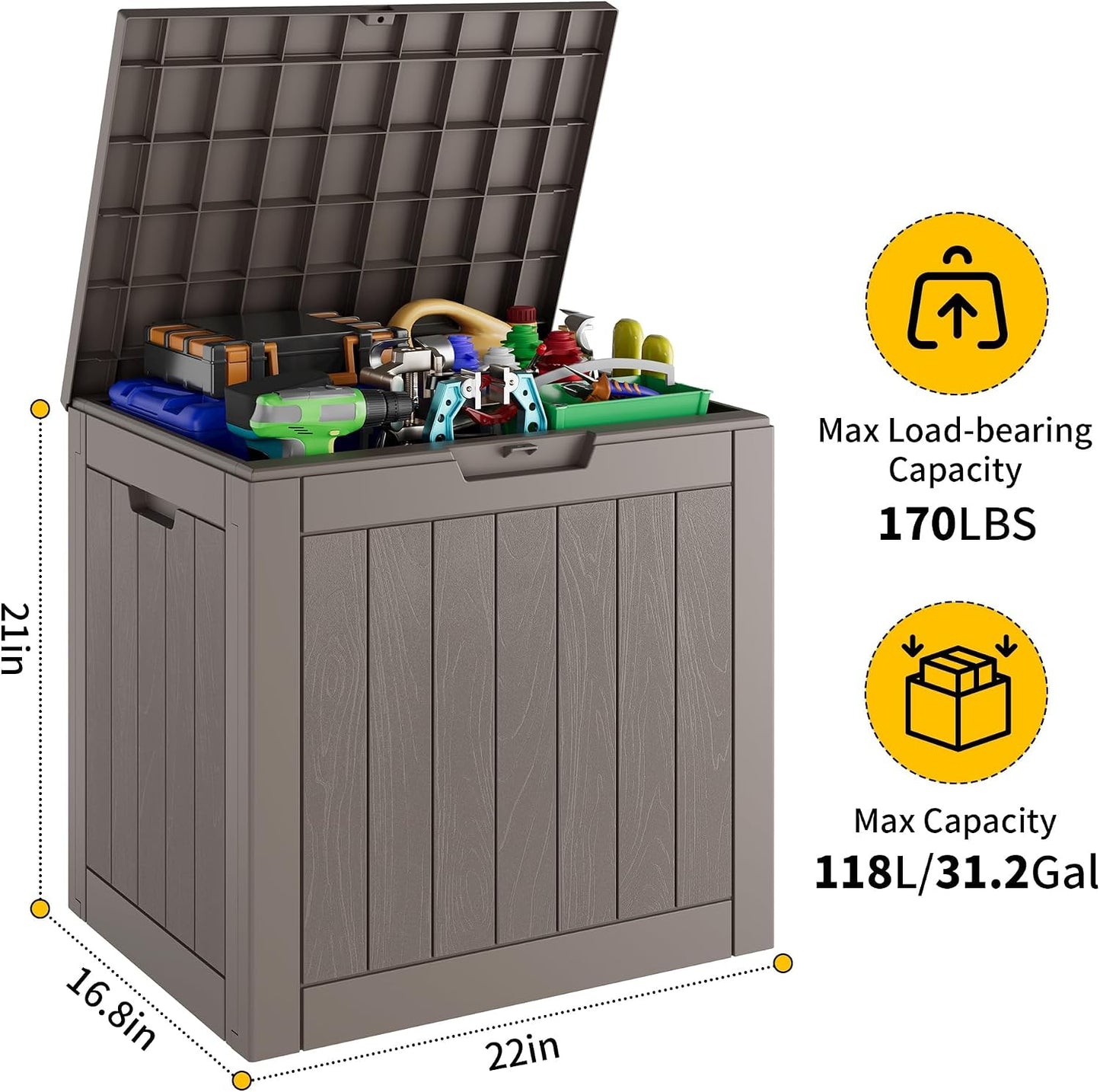 35 Gallon Outdoor Storage Box, Waterproof Resin Deck Box with Lockable Lid – Storage Cabinet for Patio Furniture, Pool Supplies, Garden Tools – Indoor & Outdoor Use
