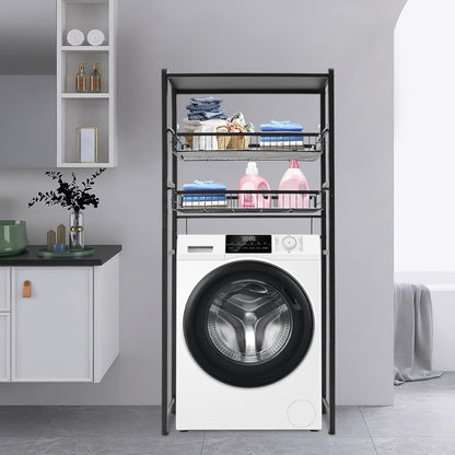 mignonnememe Over Washer and Dryer Shelves 3 Tier Shelving Laundry Room Storage Organization Clothes Drying Rack with 4 Hooks for Laundry Room Toilet (Black)