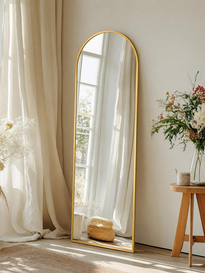 Full Length Mirror with Stand, 71"x28" Arched Full Body Large Stand Up Aluminum Frame Floor Standing Mirror, Freestanding Hanging Leaning Mounted for Bedroom Living Room Entryway Gold