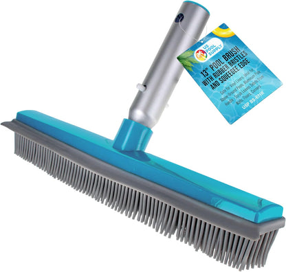 U.S. Pool Supply 13" Pool Brush with Rubber Bristles and Squeegee Edge - Safe for Vinyl Liners, Ideal for Above-Ground Pools, Aluminum Pole Handle - Scrub Leaves Debris from Walls, Floors, Corners