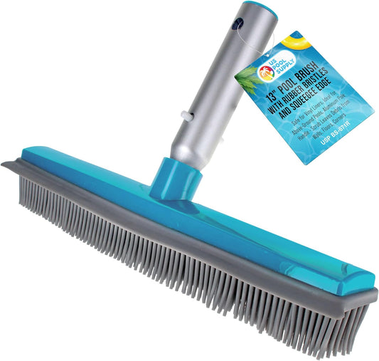 U.S. Pool Supply 13" Pool Brush with Rubber Bristles and Squeegee Edge - Safe for Vinyl Liners, Ideal for Above-Ground Pools, Aluminum Pole Handle - Scrub Leaves Debris from Walls, Floors, Corners