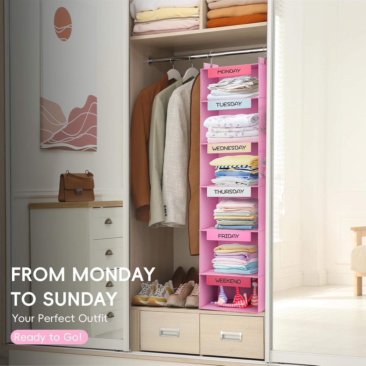 Weekly Hanging Closet Organizer for Kids, 6-Shelf Clothes Storage with Labeled Days of The Week Monday Through Friday, Weekday and Weekend, Days of The Week Clothes Organizer