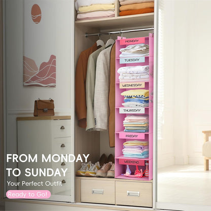 Weekly Hanging Closet Organizer for Kids, 6-Shelf Clothes Storage with Labeled Days of The Week Monday Through Friday, Weekday and Weekend, Days of The Week Clothes Organizer