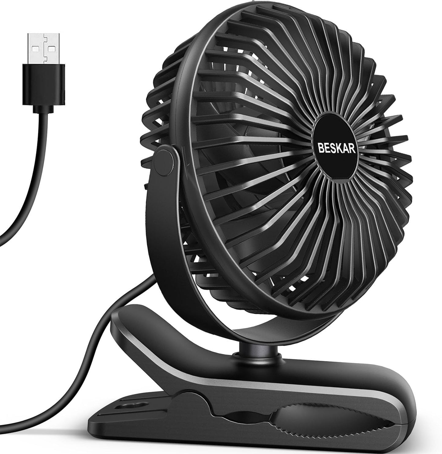 BESKAR Clip on Fan, Portable Small Desk Fans with Strong Airflow, 3 Speeds with Personal Fans Sturdy Clamp, Quiet Desk Fan & Clip Fan with USB Cord Powered - No Battery