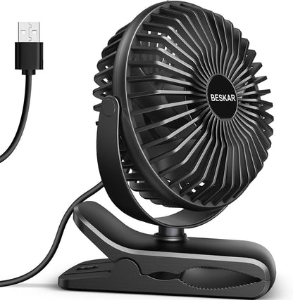 BESKAR Clip on Fan, Portable Small Desk Fans with Strong Airflow, 3 Speeds with Personal Fans Sturdy Clamp, Quiet Desk Fan & Clip Fan with USB Cord Powered - No Battery