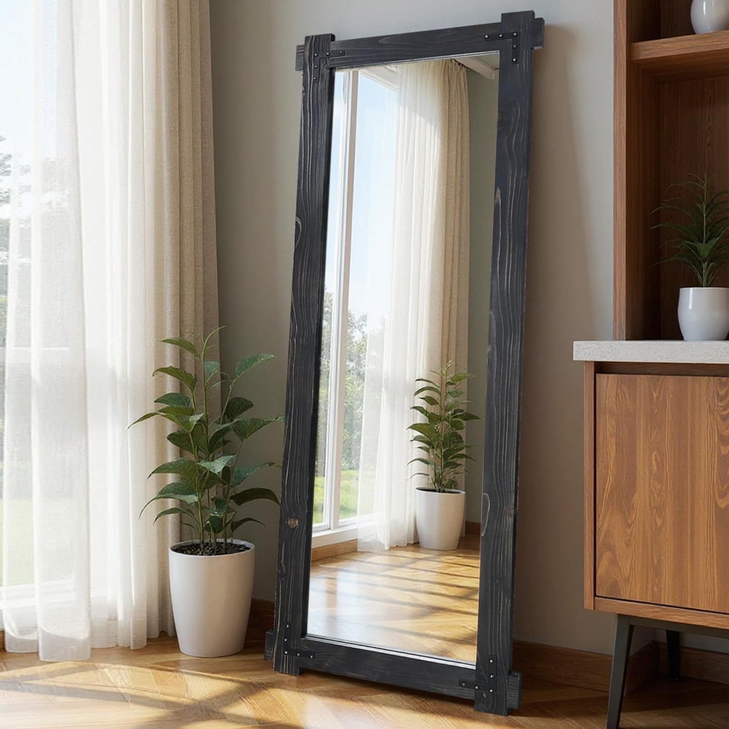 65x24 Inch Full Length Mirror, Pine Frame Full Body Standing Mirror with Metal Decorative, Black