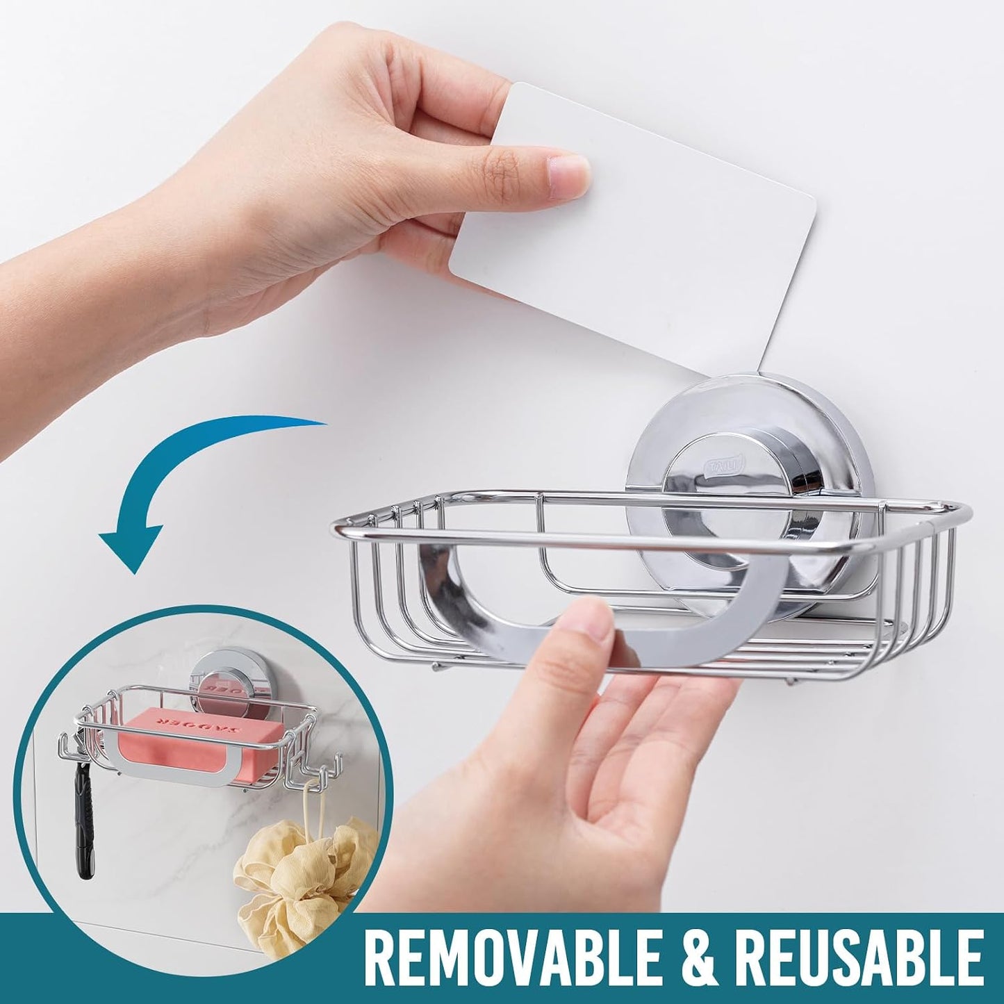 TAILI Soap Holder for Shower – Suction Cup Bar Soap Dish with Hooks, Rustproof Stainless Steel, Self-Draining Sponge Holder with Razor Holder for Bathroom & Kitchen, Black