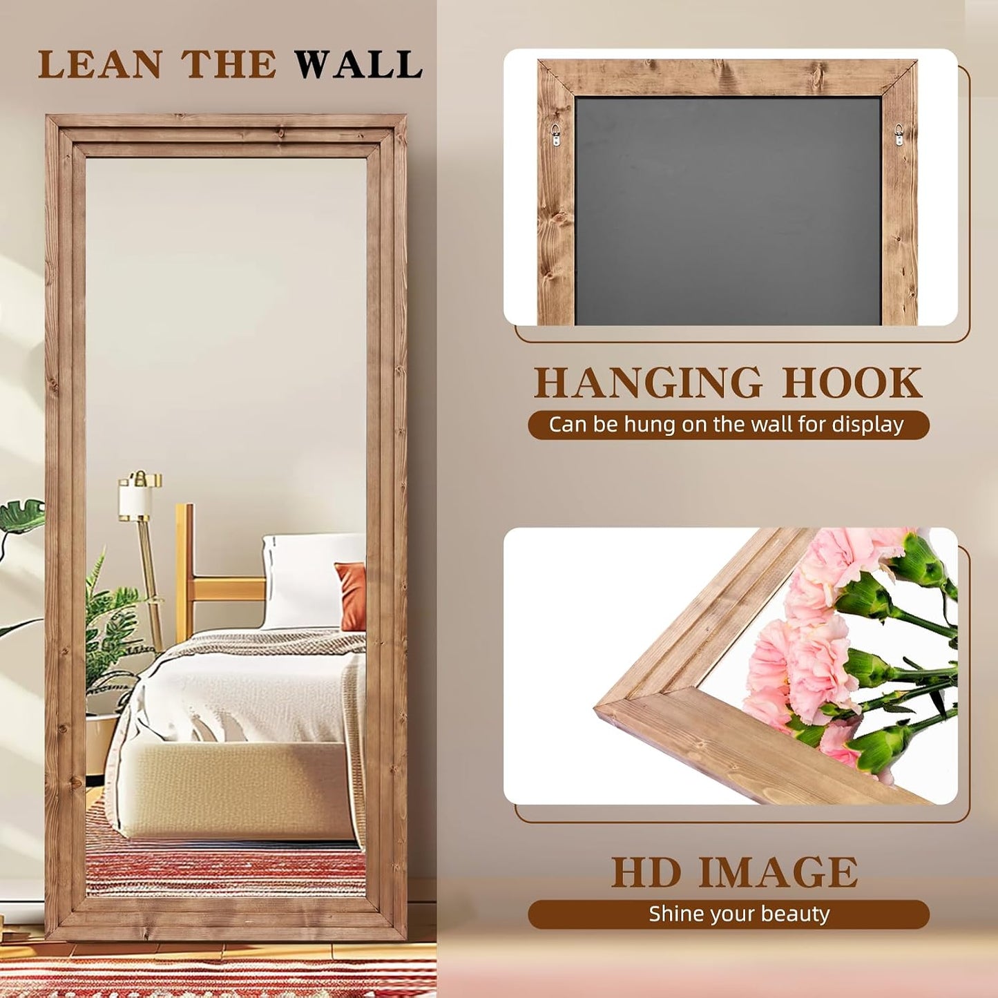 Full Length Mirror 65"x22" with Stand Solid Wood Frame Floor Large Mirror for Living Room, Bedroom Hanging Standing or Leaning Wall-Mounted, New Black