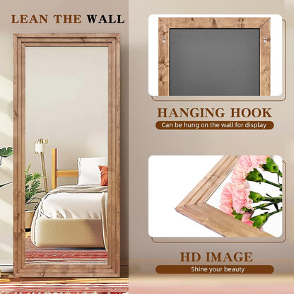 Full Length Mirror 65"x22" with Stand Solid Wood Frame Floor Large Mirror for Living Room, Bedroom Hanging Standing or Leaning Wall-Mounted, New Black