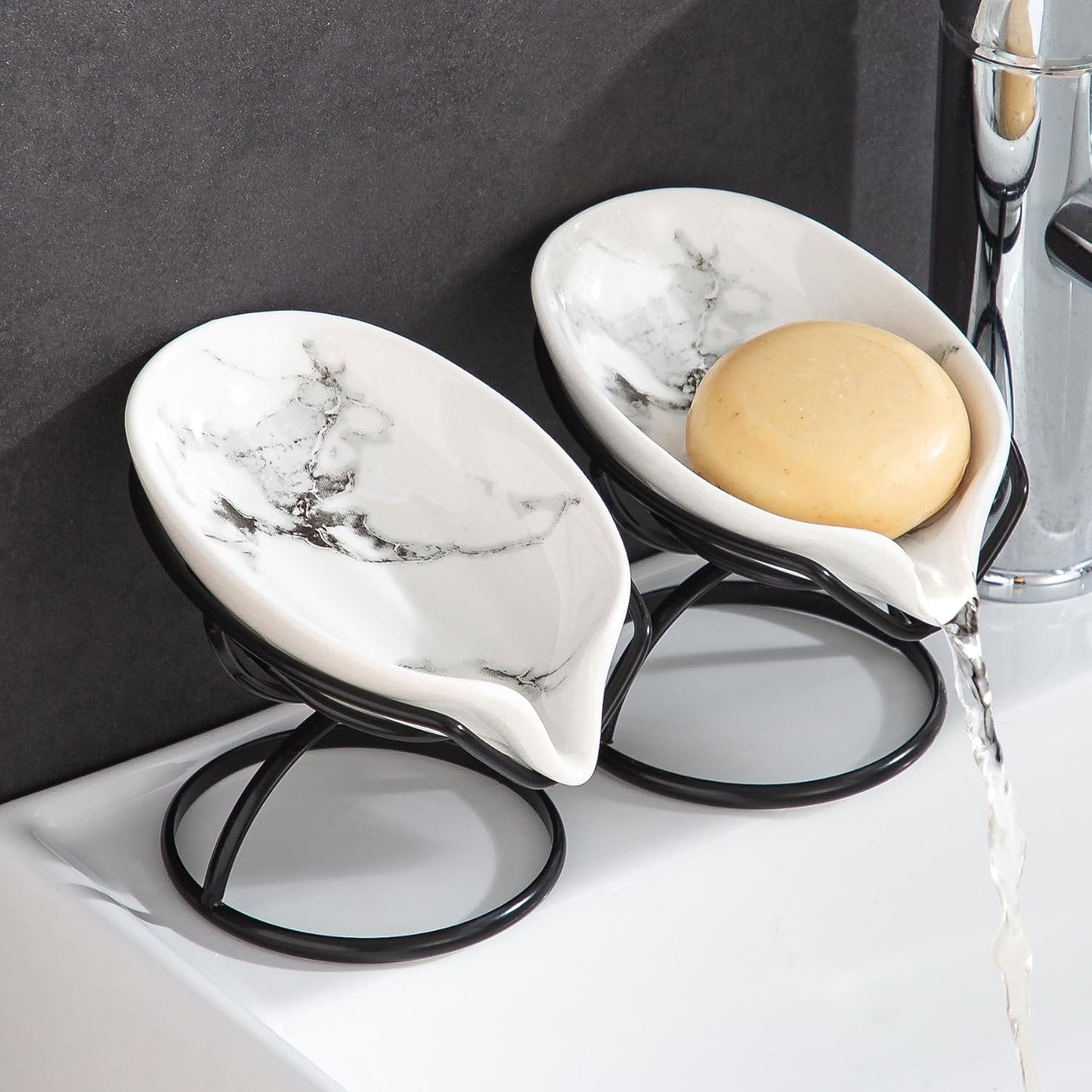 Dobbyby Leaf-Shaped Soap Dish – Premium Ceramic Soap Bar Holder with Self-Drainage System – Bar Soap Holder for Shower, Bathroom Sink, Kitchen – Waterfall Soap Dish with Stainless Steel Stand (SLIVER)