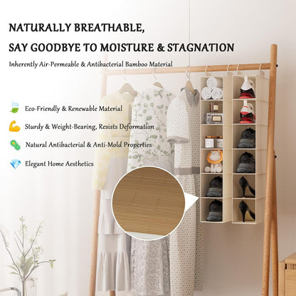 Hanging Shoe Organizer for Closet with 8 Shelves,Mesh Pockets-Wider Hanging Shelves for Shoes,Clothes,Hats with Sturdy Bamboo-Supported Design (Beige)