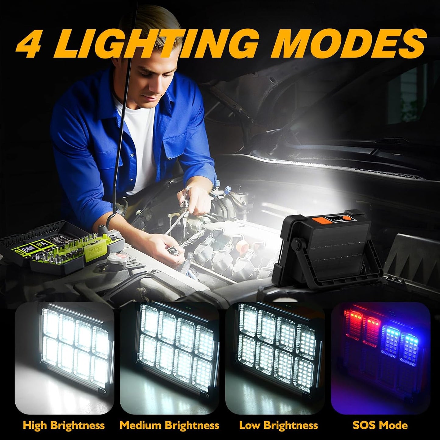 120W Solar Rechargeable Work Light, 144 LED 10000LM Led Work Light with 4 Modes, Portable Flood Light with Stand, IP66 Waterproof Outdoor Working Light for Emergency Mechanic Camping Repair (Yellow)