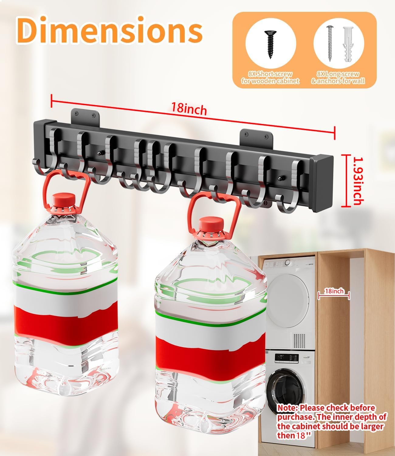 Pull Out Broom Holder With 9 Adjustable Sliding Hook, Multifunctional Slide Broom And Mop Storage/Organizer Garage Organization Hooks, for Closet Laundry - Dark grey- 41cm/16.14inch