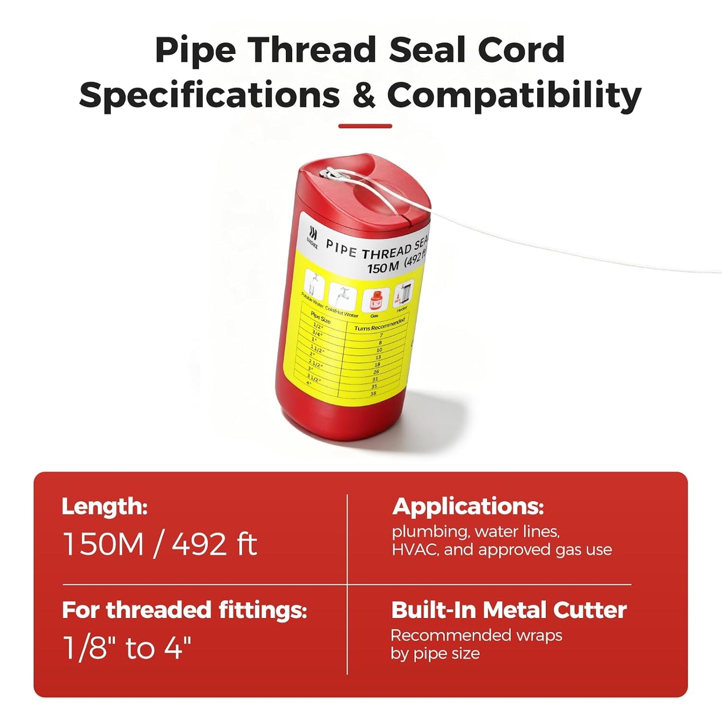 Ukoke 492ft Pipe Thread Sealant Cord – Adjustable NPT Thread Sealer for Plumbing, Gas & HVAC, Cleaner PTFE Tape Upgrade for Stainless Steel, PVC & Copper Pipes (1/8" to 4" Fittings)-150M