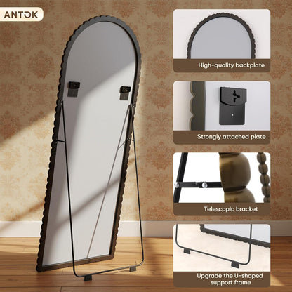 Antok 58" x 21" Arched Full Length Mirror, Antique Beaded Frame Floor Standing or Wall Mounted Mirror with Stand for Bedroom, Entryway, Brown, Luxury Style