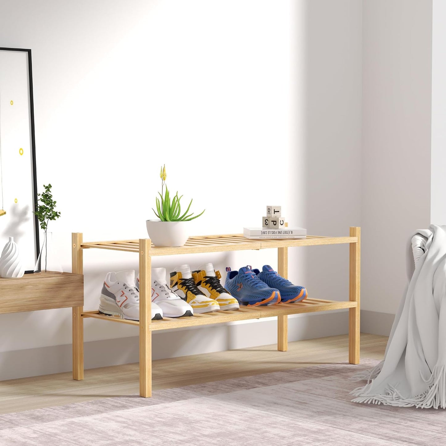 ROMGUAR CRAFT 3 Tier Bamboo Shoe Rack for Closet Free Standing Wood Shoe Shelf Storage Organizer for Entryway Small Space Stackable 27"x11"x20" (Natural)