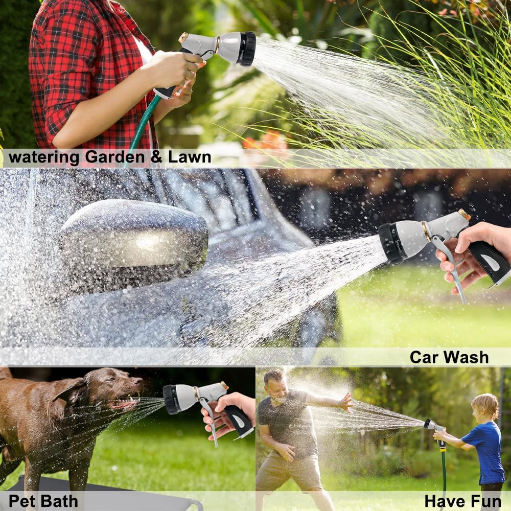 Garden Hose Nozzle Heavy Duty, High Pressure Adjustable 8 Patterns | Metal Water Hose Nozzle Volume Control Valve Attachment Hose Sprayer Nozzle for Outdoor Garden Watering Car Washing