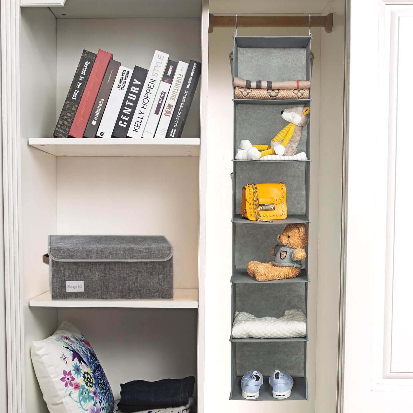 BrilliantJo 2 Pack Hanging Closet Organizer, 5 Shelves Hanging Storage with 6 Side Pockets for Clothes Shoes, 43"x12"x12"(Black)