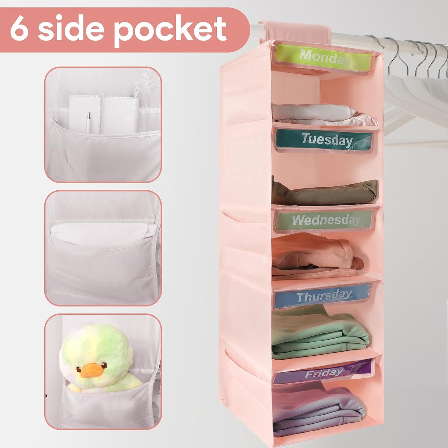 5-Shelf Weekly Clothes Organizer for Kids Days of The Week Hanging Storage Shelves Dorm Room Essential Daily Shelf Hanging Closet Organizer with 6 Side Pockets…