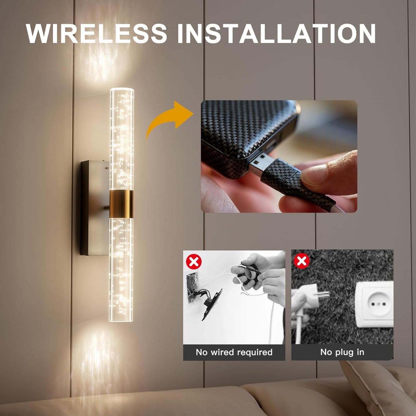 Crystal Battery Operated Wall Sconces Set of 2, Black Rechargeable Wireless Wall Light Fixtures with Remote Control, 3CCT and 12 RGB Dimmable Wall Lamps for Bedroom Living Room Hallway